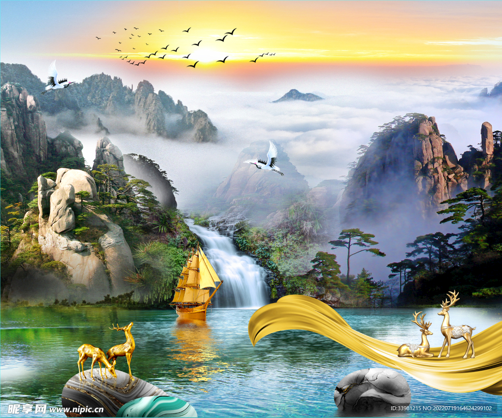 山水麋鹿帆船丝带装饰画