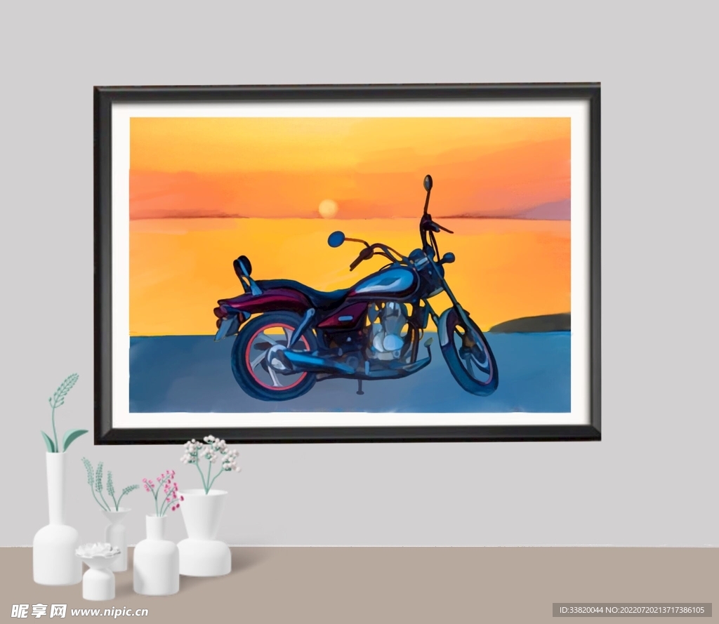 夕阳下的摩托车手绘