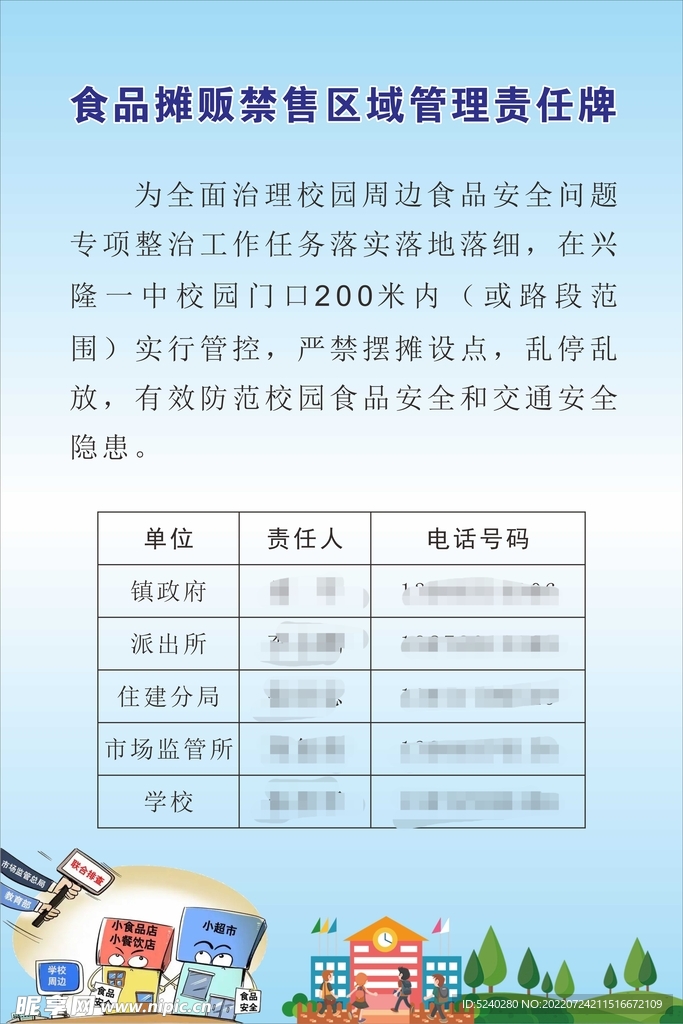 食品摊贩禁售区域管理责任牌