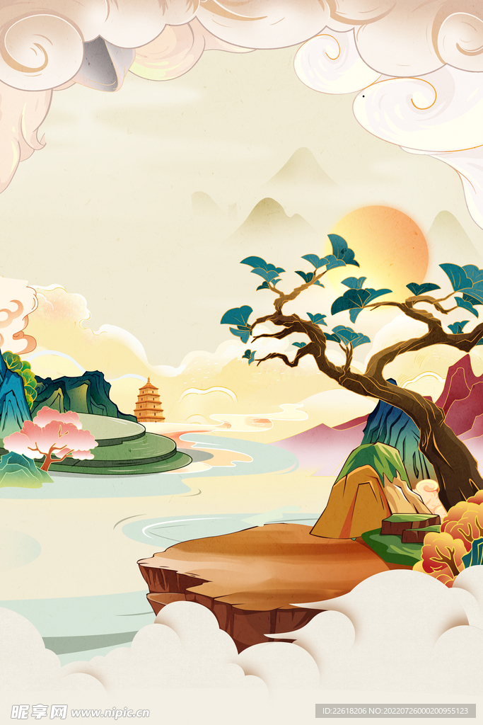 山水树木中国风插画海报背景