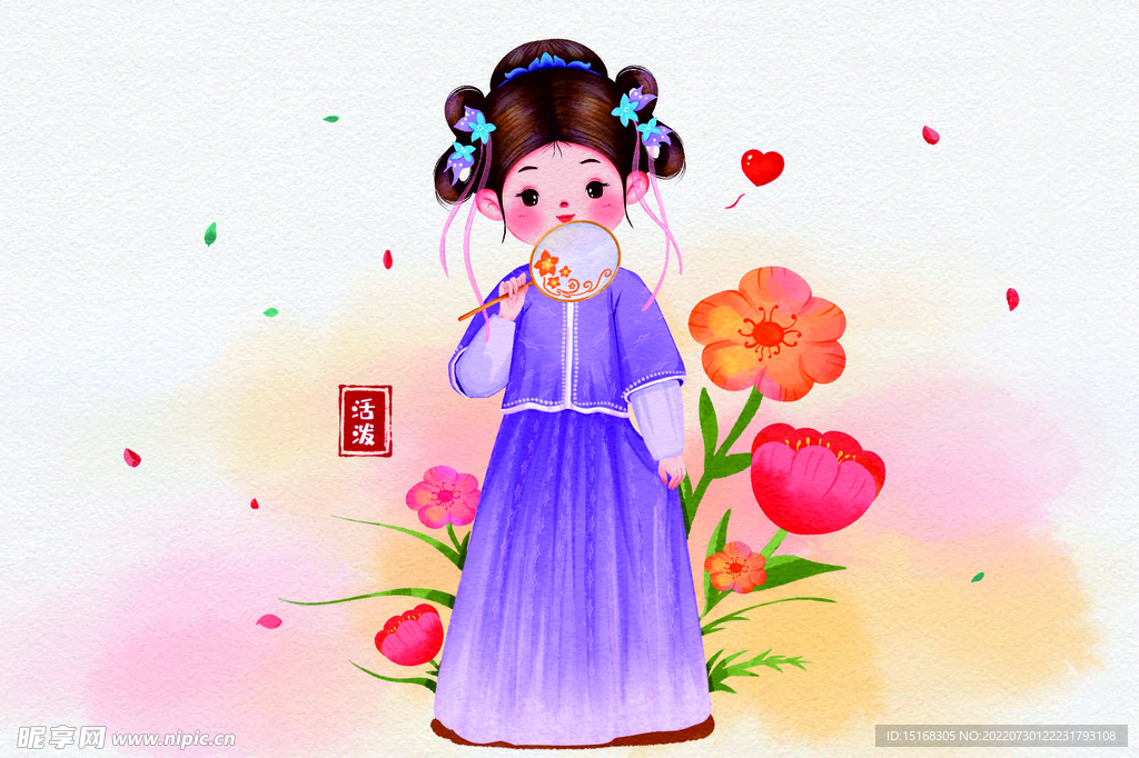 可爱萌萌Q版古风女子手拿团扇插