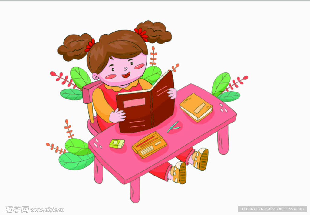 手绘卡通人物书桌前读书的小女孩
