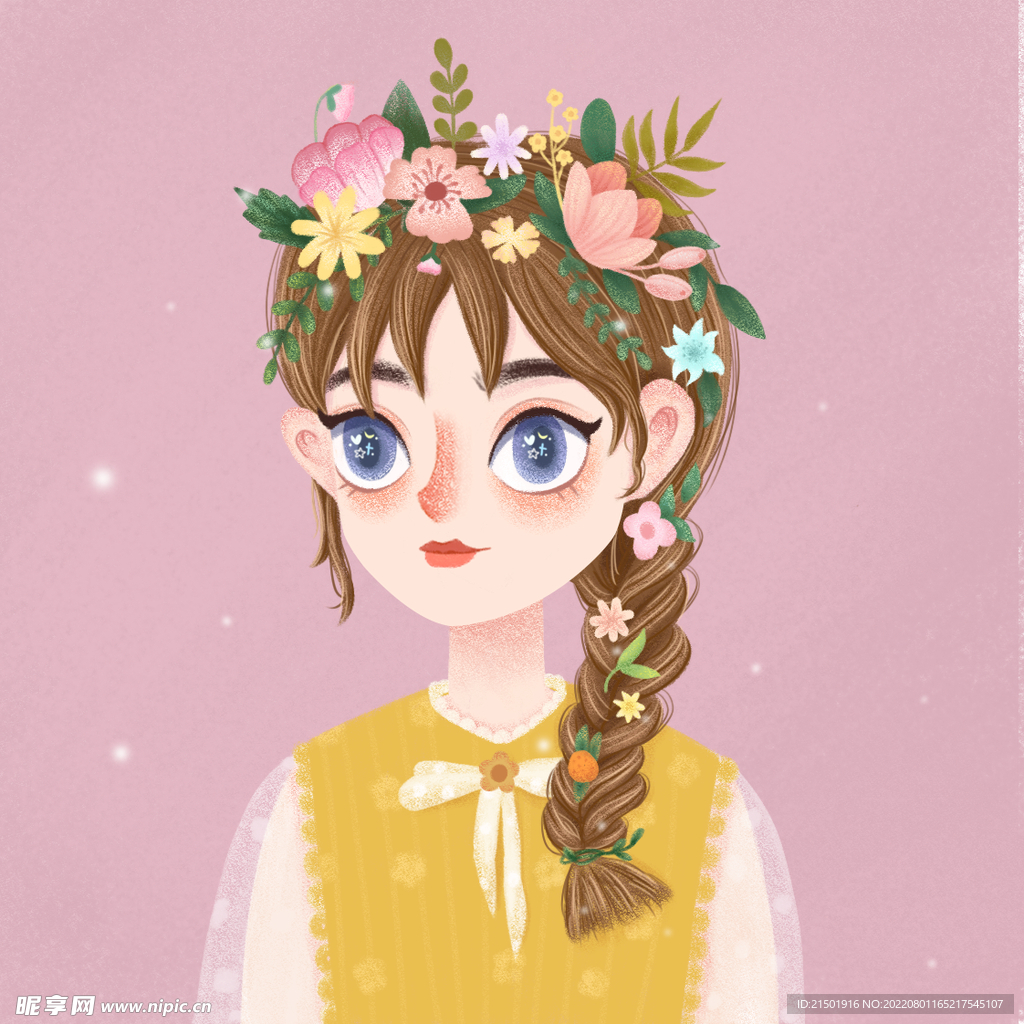 手绘插画粉色女生花卉头像