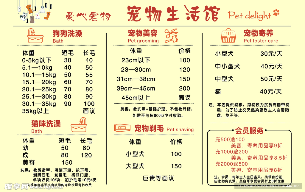 宠物店价目表