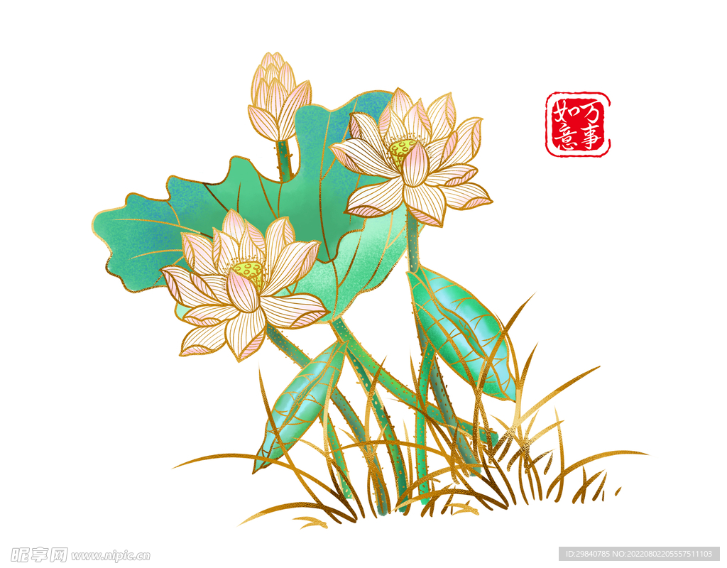 国潮复古手绘插画烫金荷花分层