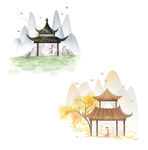 古风凉亭山峦草地插画