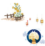 中秋节水墨菊花灯笼兔子赏月