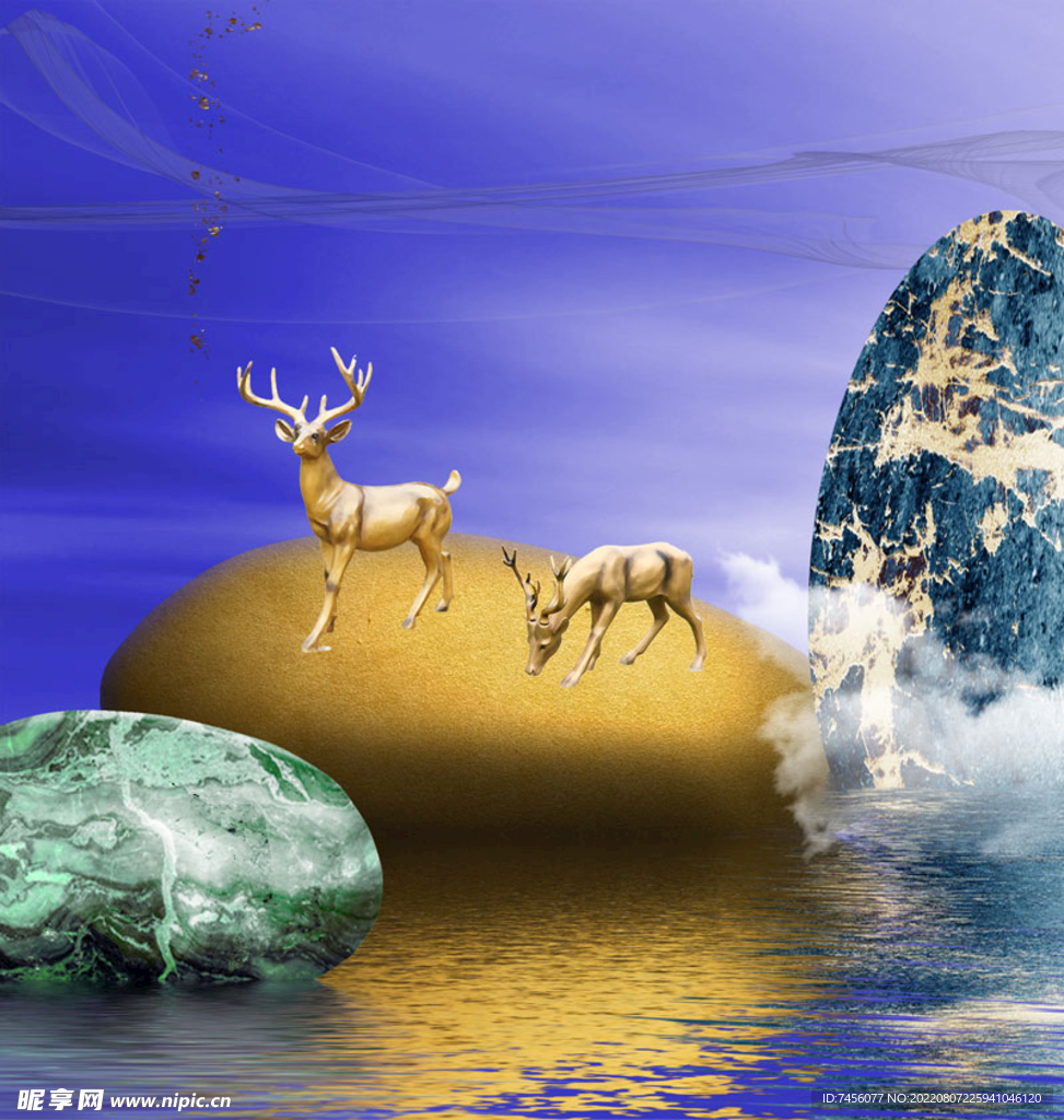 金色麋鹿石头湖泊艺术挂画装饰画