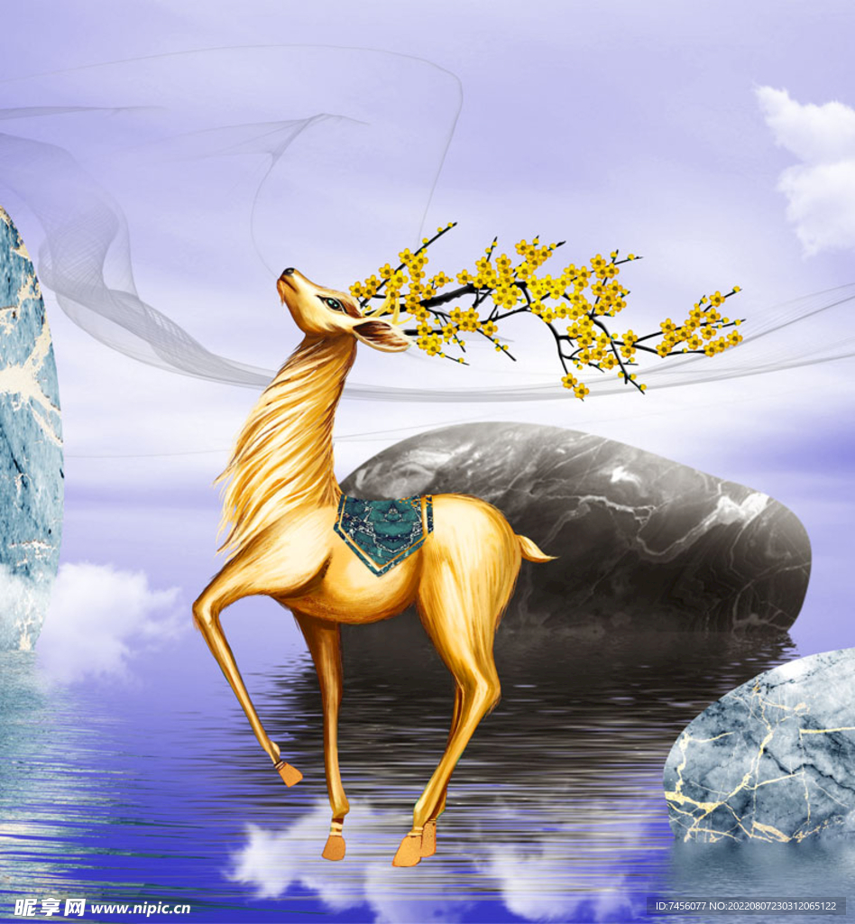 金色麋鹿湖泊石头艺术挂画装饰画