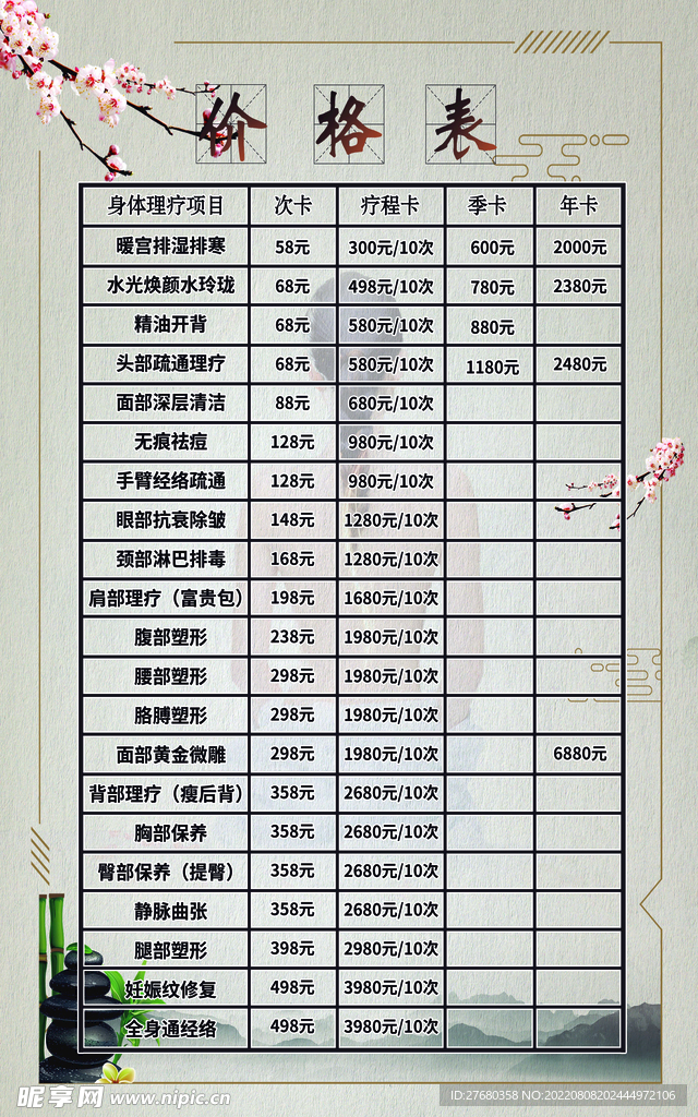 价目表