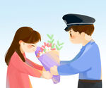  女孩送鲜花给警察 