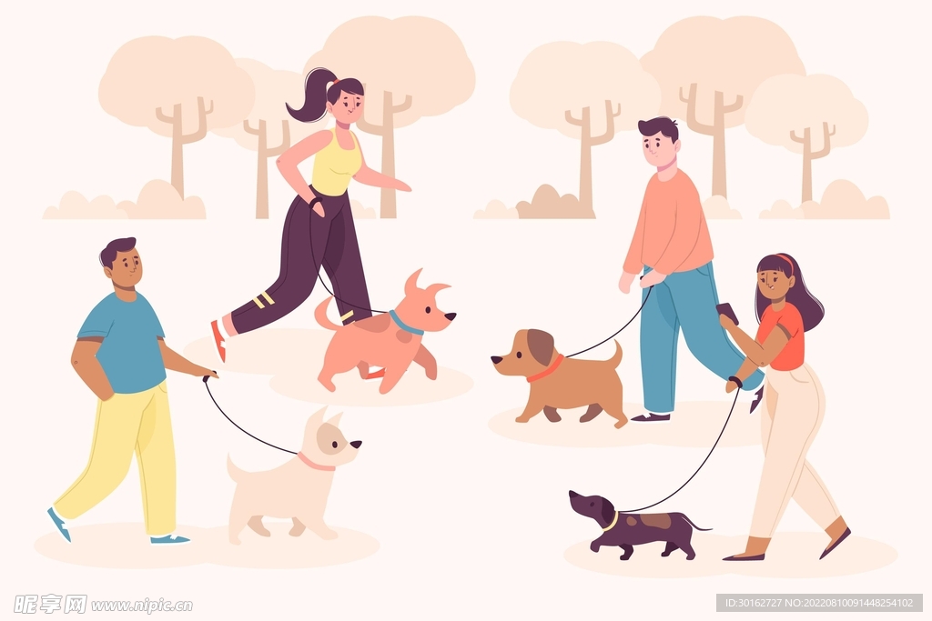 散步遛狗扁平化插画