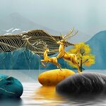 金色麋鹿湖泊石头挂画装饰画