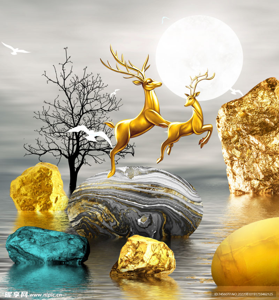 金色麋鹿湖泊石头艺术挂画装饰画