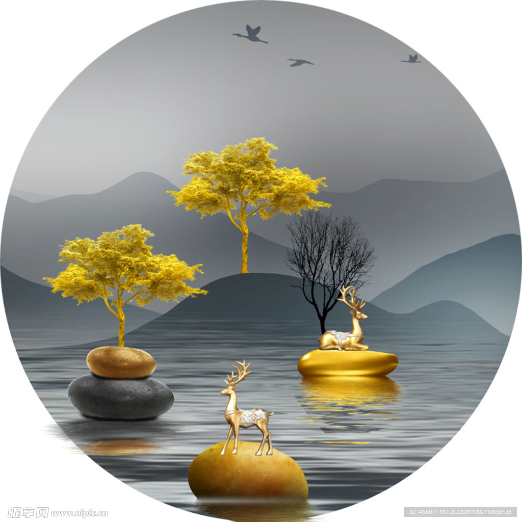 金色树湖泊麋鹿艺术挂画装饰画
