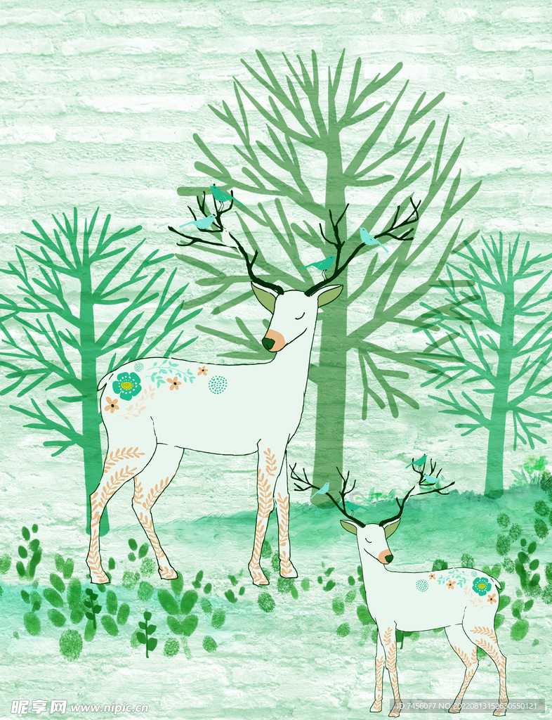 水彩树麋鹿艺术挂画装饰画