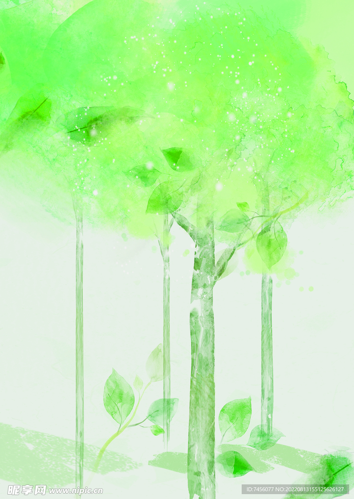 水彩水墨绿树高清挂画装饰画
