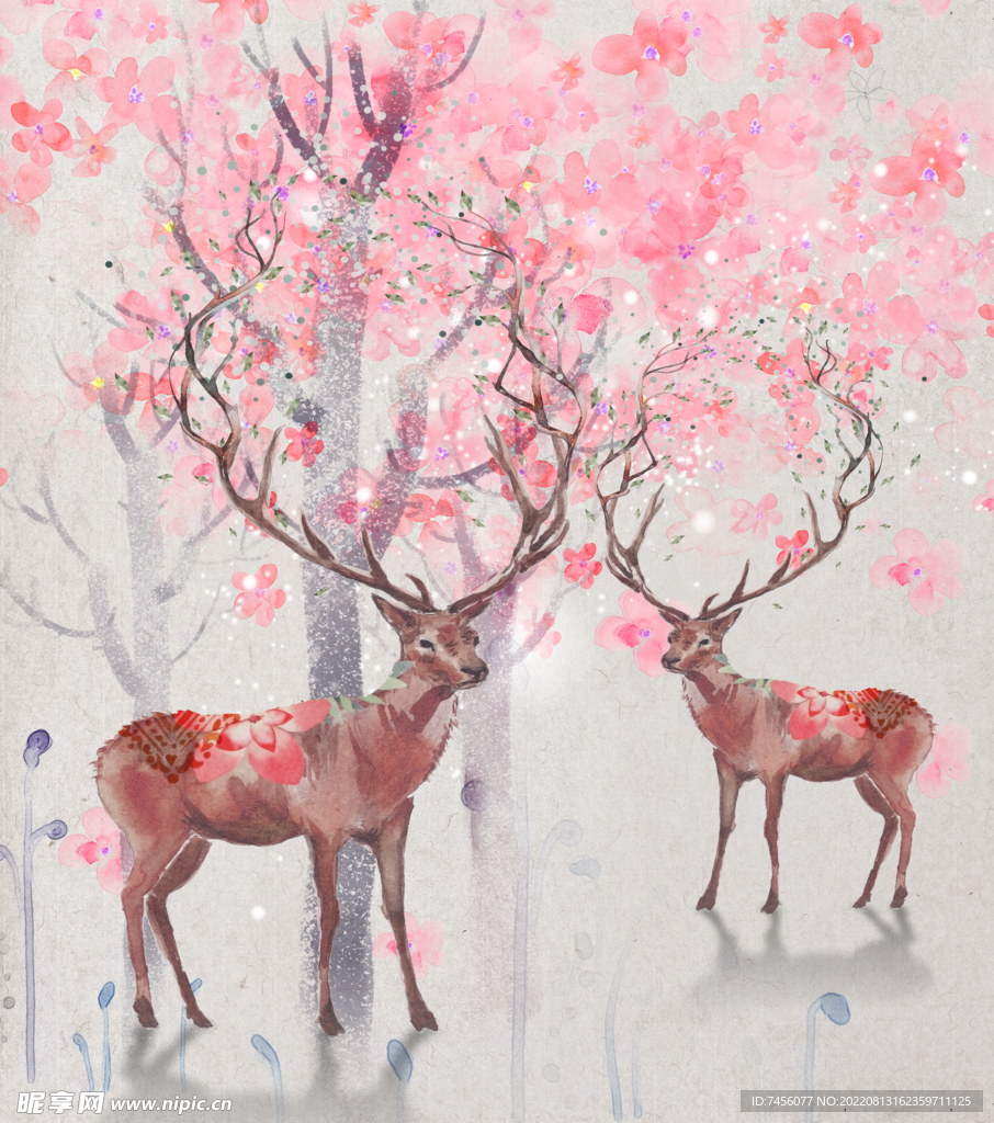 淡雅水彩树麋鹿艺术挂画装饰画