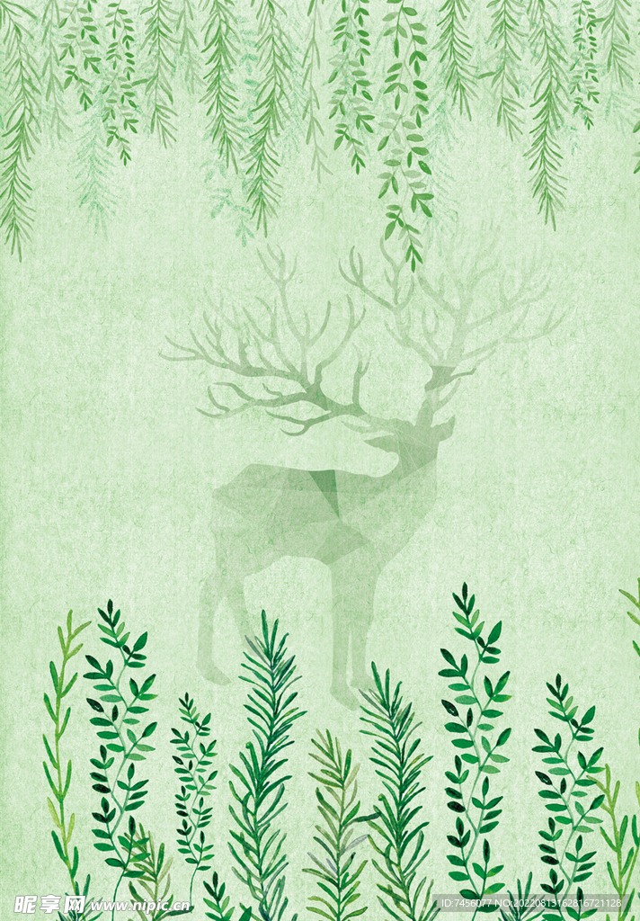 植物树叶麋鹿艺术挂画装饰画