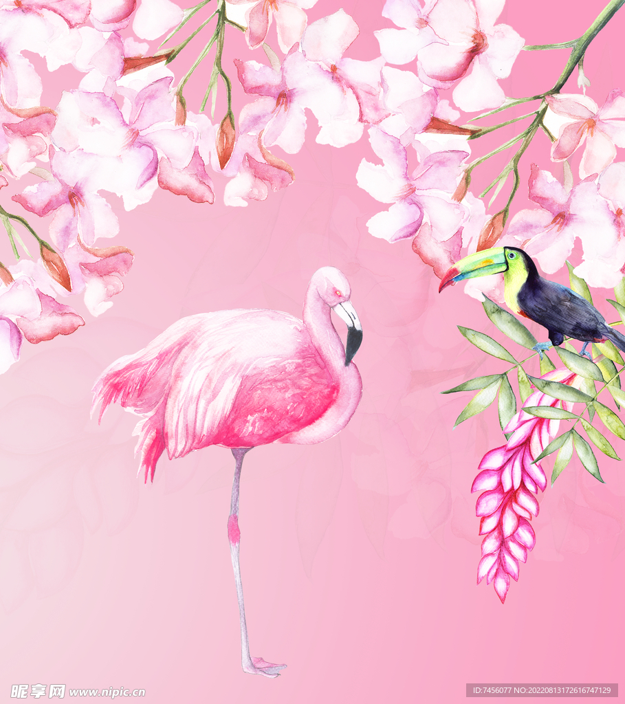 花鸟粉色花卉艺术挂画装饰画