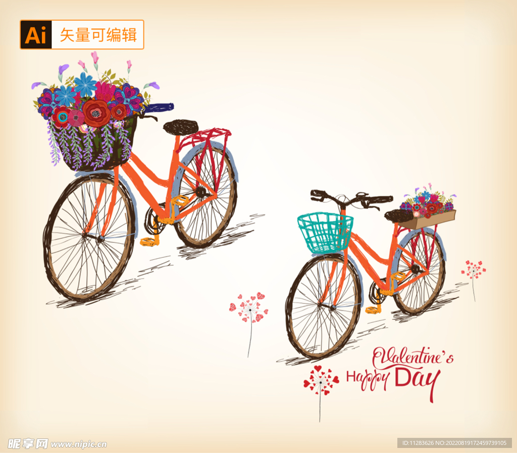 鲜花与自行车插画