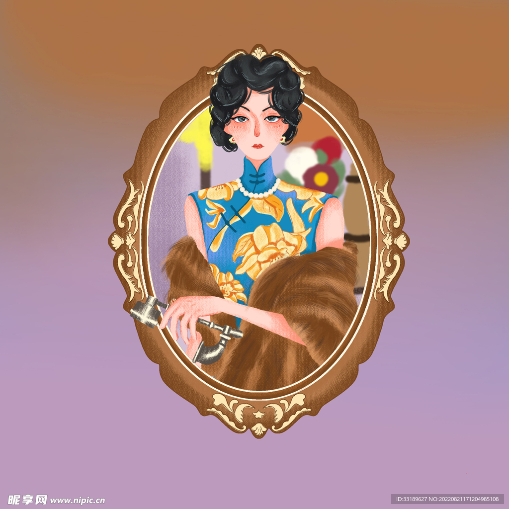 古代女性插画镜框画像