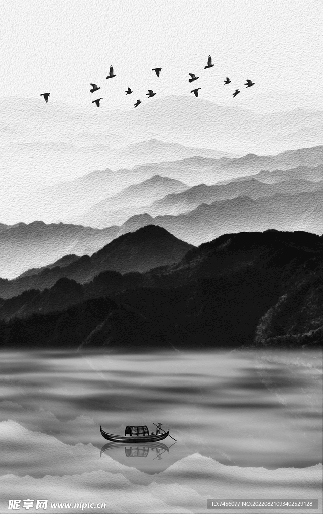 黑白山水湖泊艺术挂画装饰画