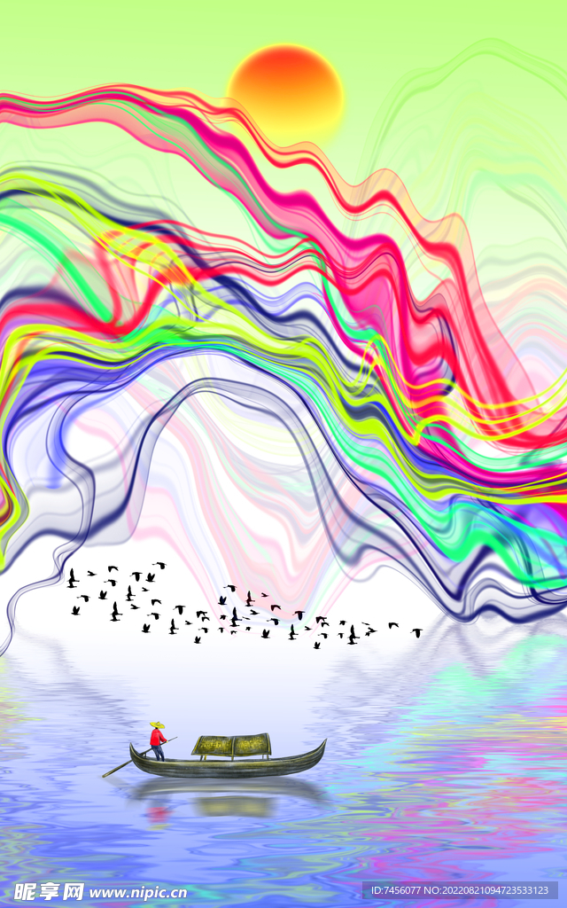 水彩湖泊木舟艺术挂画装饰画