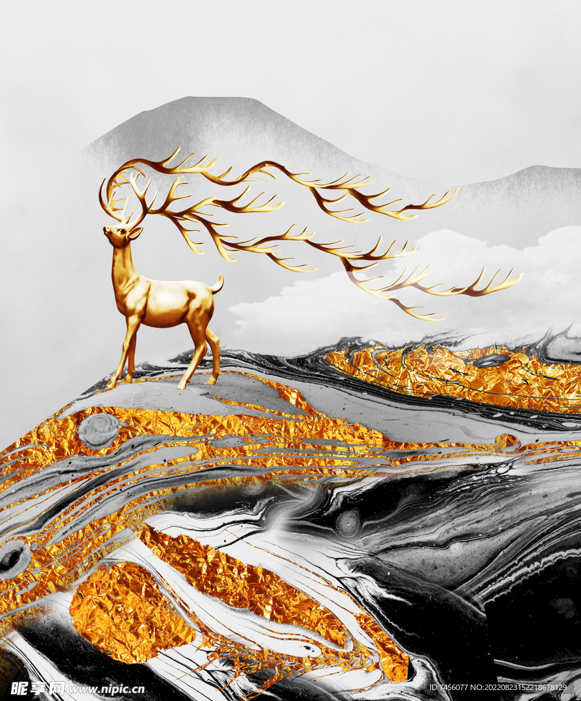 金箔山脉麋鹿艺术挂画装饰画