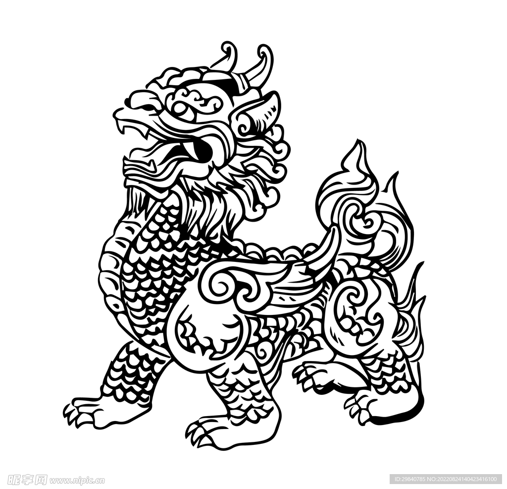 国潮元素麒麟黑白插画线稿复古
