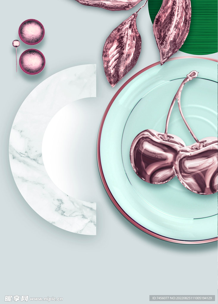 金色樱桃叶子碟子艺术挂画装饰画