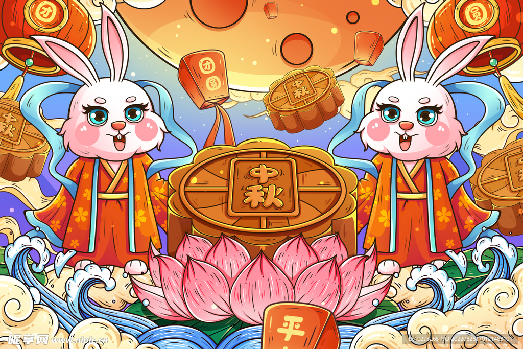 八月十五中秋节玉兔月饼插画