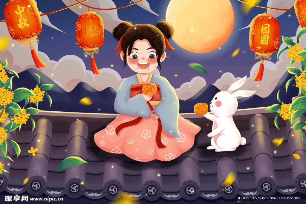 中秋节女孩和兔子插画