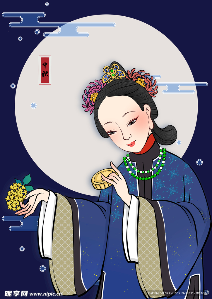 国潮复古美女中秋吃月饼