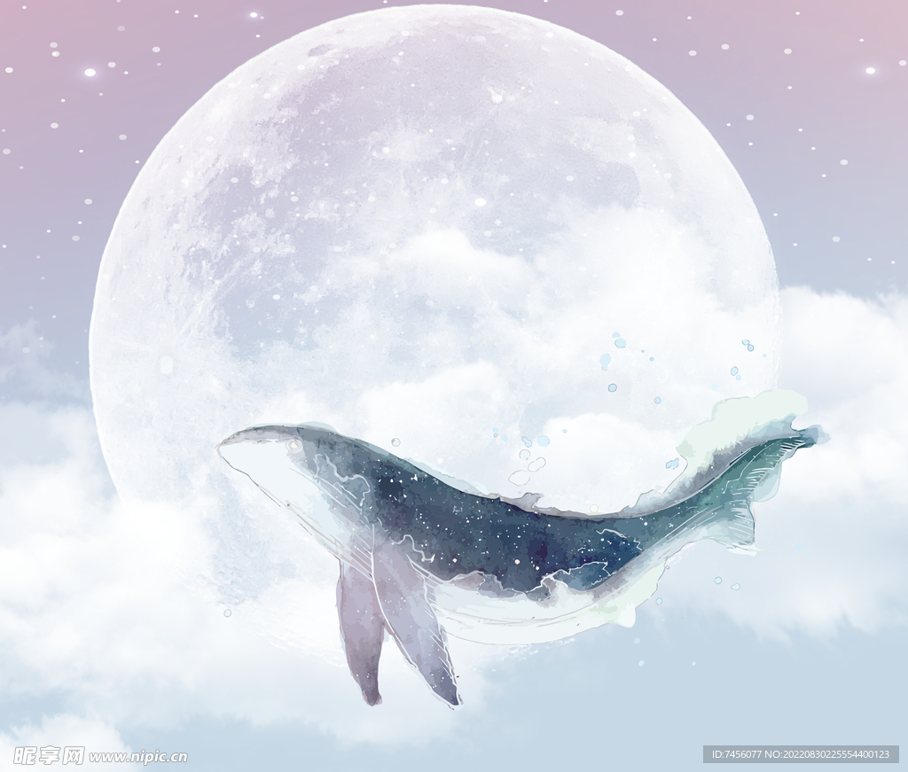 水彩鲸鱼明月艺术挂画装饰画