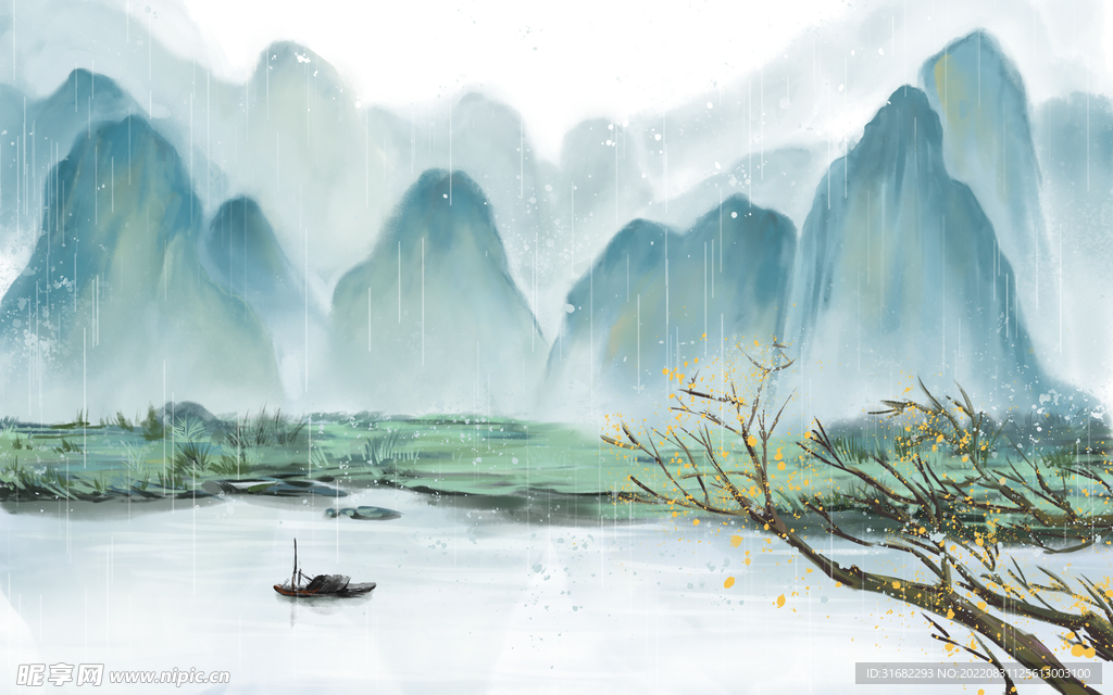 水墨山川背景画