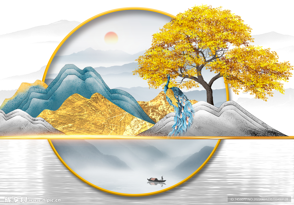 发财树中式湖泊艺术挂画
