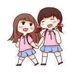  女孩牵手上学 