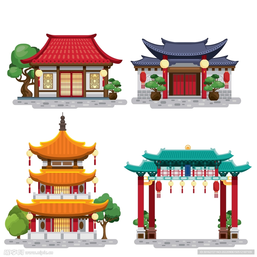 中式建筑矢量插画