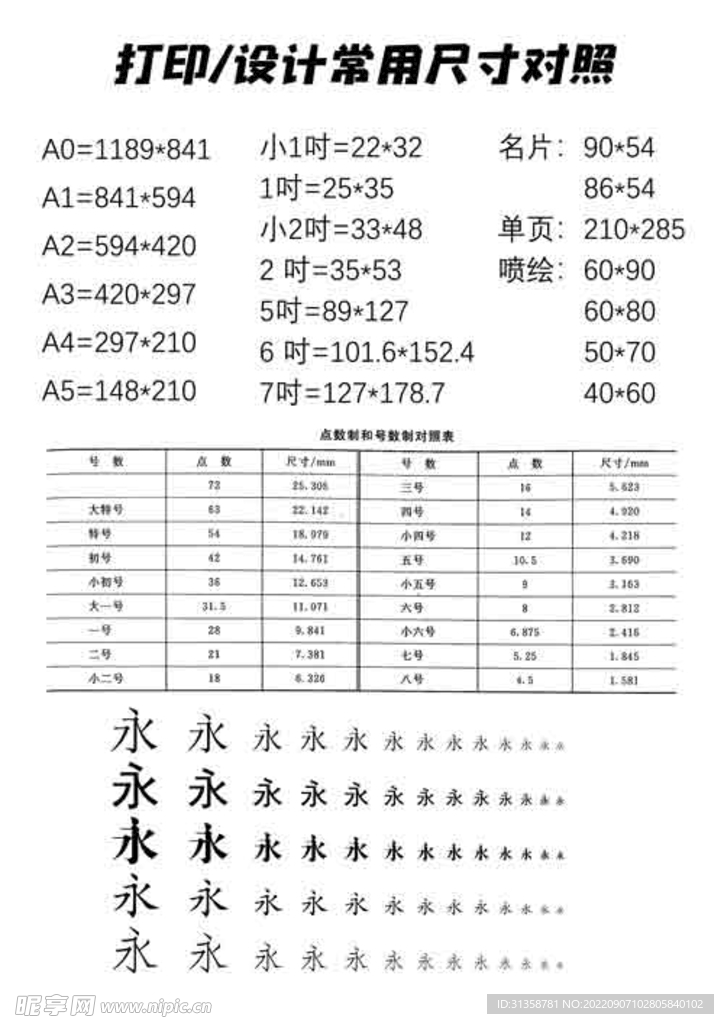 打印设计常用尺寸对照