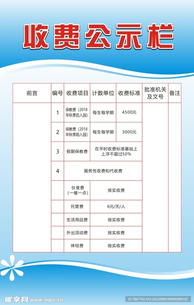 收费公示栏