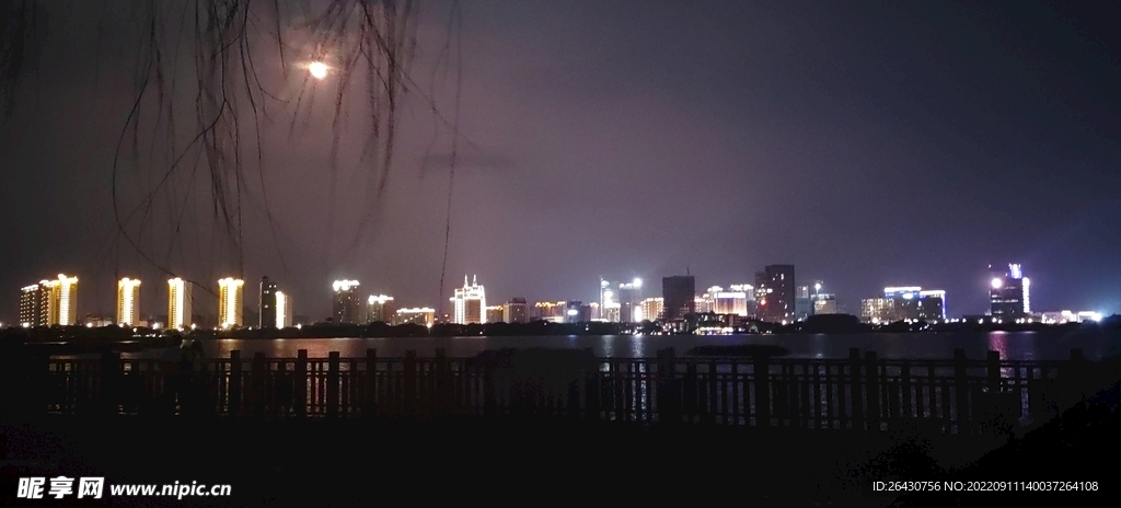 城市湖边建筑明月夜景