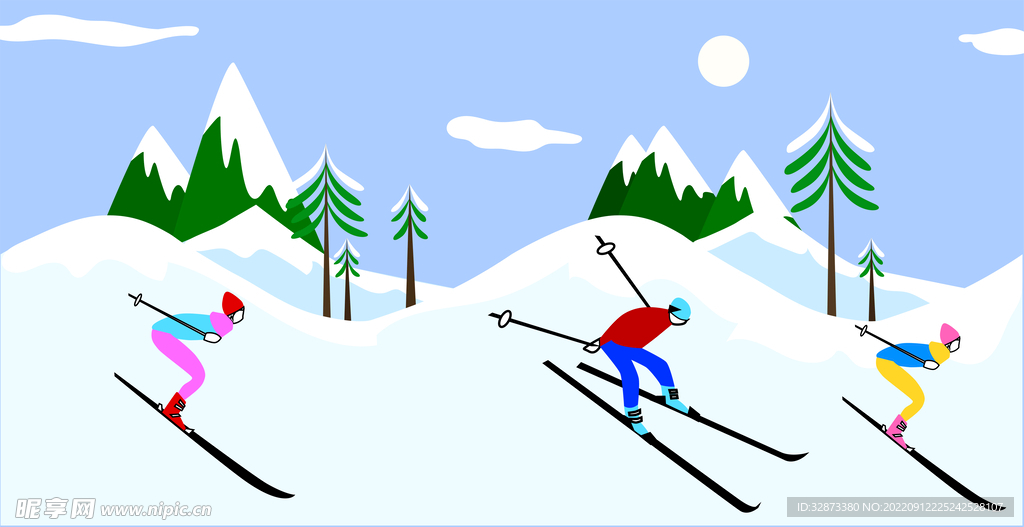 手绘矢量图卡通滑雪场景风景画