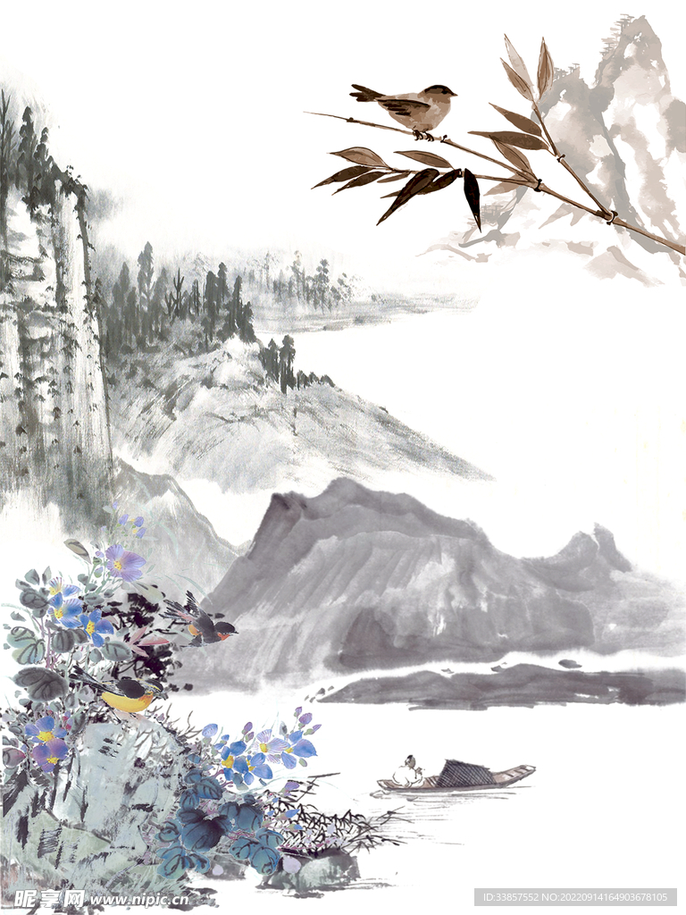 水墨山水花画         