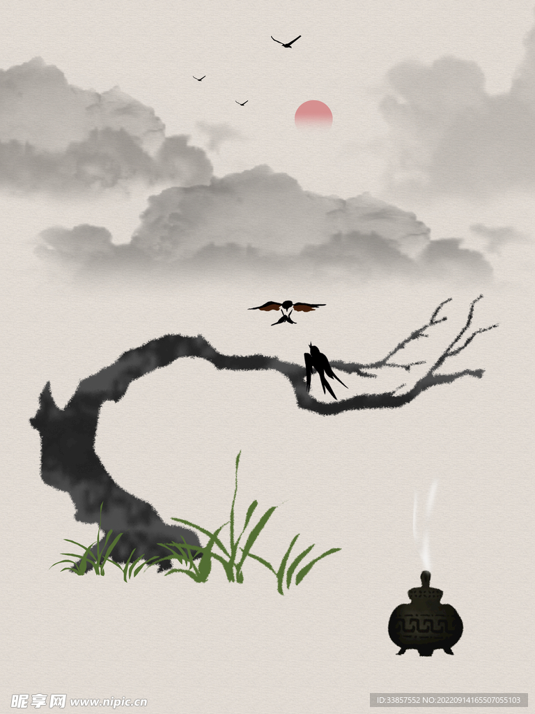 水墨山水花画         