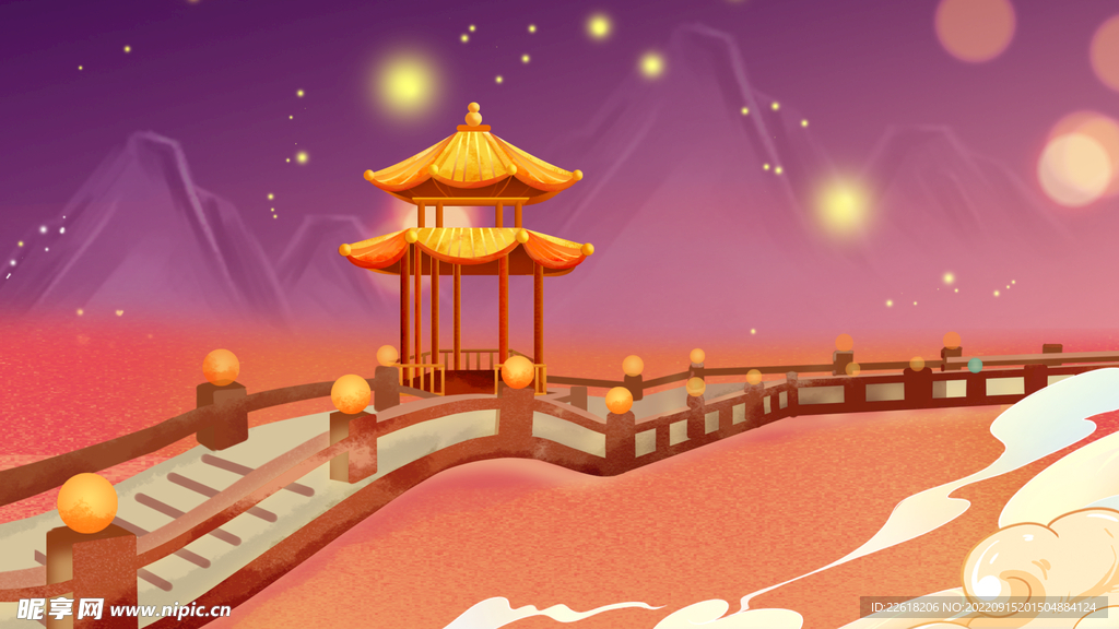 楼亭城市宣传国潮海报插画背景