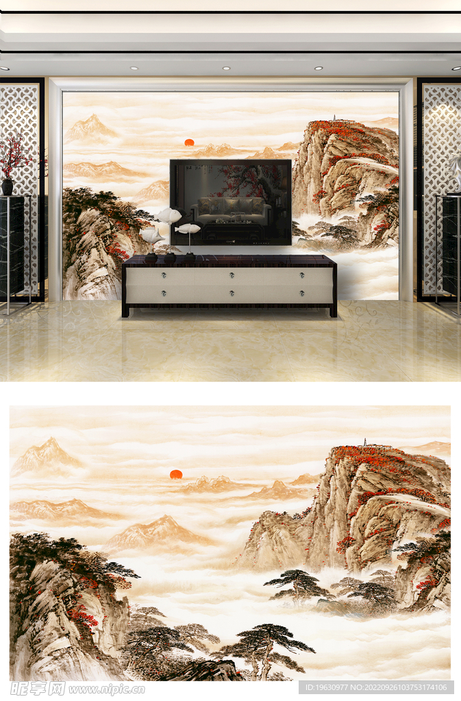 新中式山水国画水墨背景墙