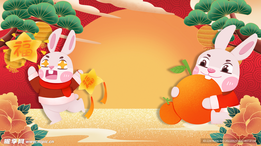 新年卡通兔兔国潮风海报插画背景