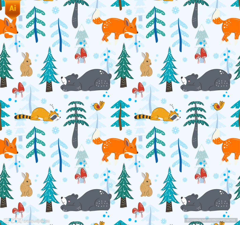 卡通冬季森林动物背景