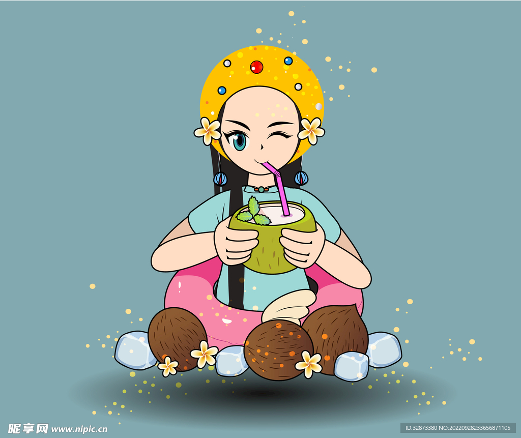 手绘矢量图卡通可爱喝椰汁的美女